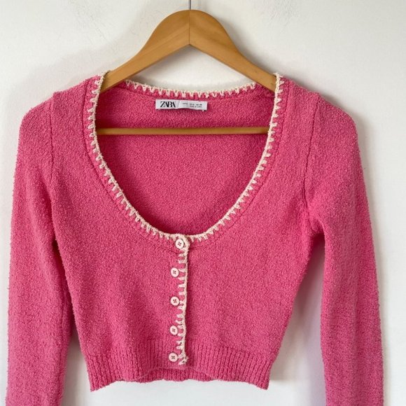 Zara Cropped Knit Crochet Trim Button Sweater Cardigan Pink Sz Small - Picture 5 of 8